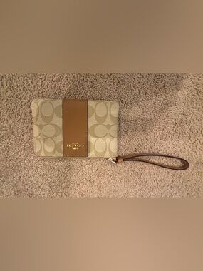 Coach Beige Signature Canvas Wristlet with Brown Leather Trim